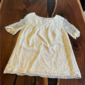 Sundance Cream Lace Sleeve Blouse with Bib Button Collar